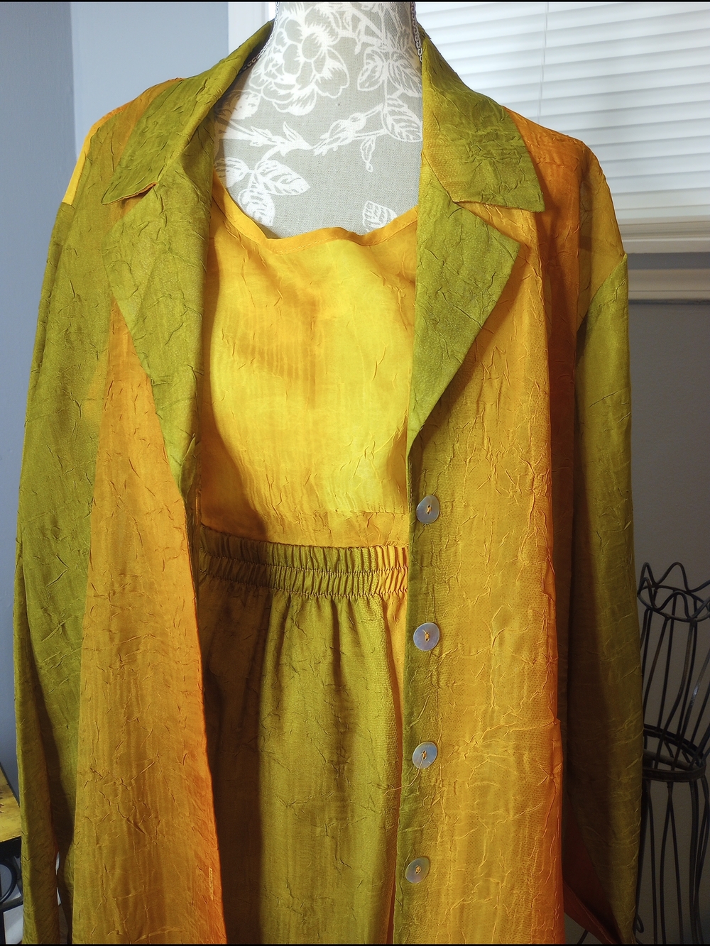 Three-Piece Shear Shell & Duster Jacket Set in Yellow-Green
